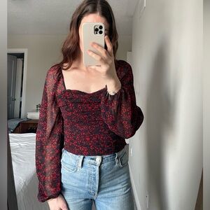 Romantic Square Neckline Floral Blouse Top / Sheer Sleeves / Size S 🌹